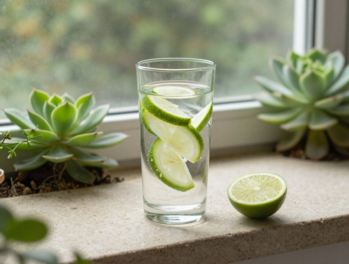 Composición minimalista sobre superficie de piedra clara con vaso de agua transparente lleno, rodajas de pepino y limón en agua, plantas suculentas verdes al fondo y luz natural suave de ventana lateral que crea reflejos sutiles en el agua