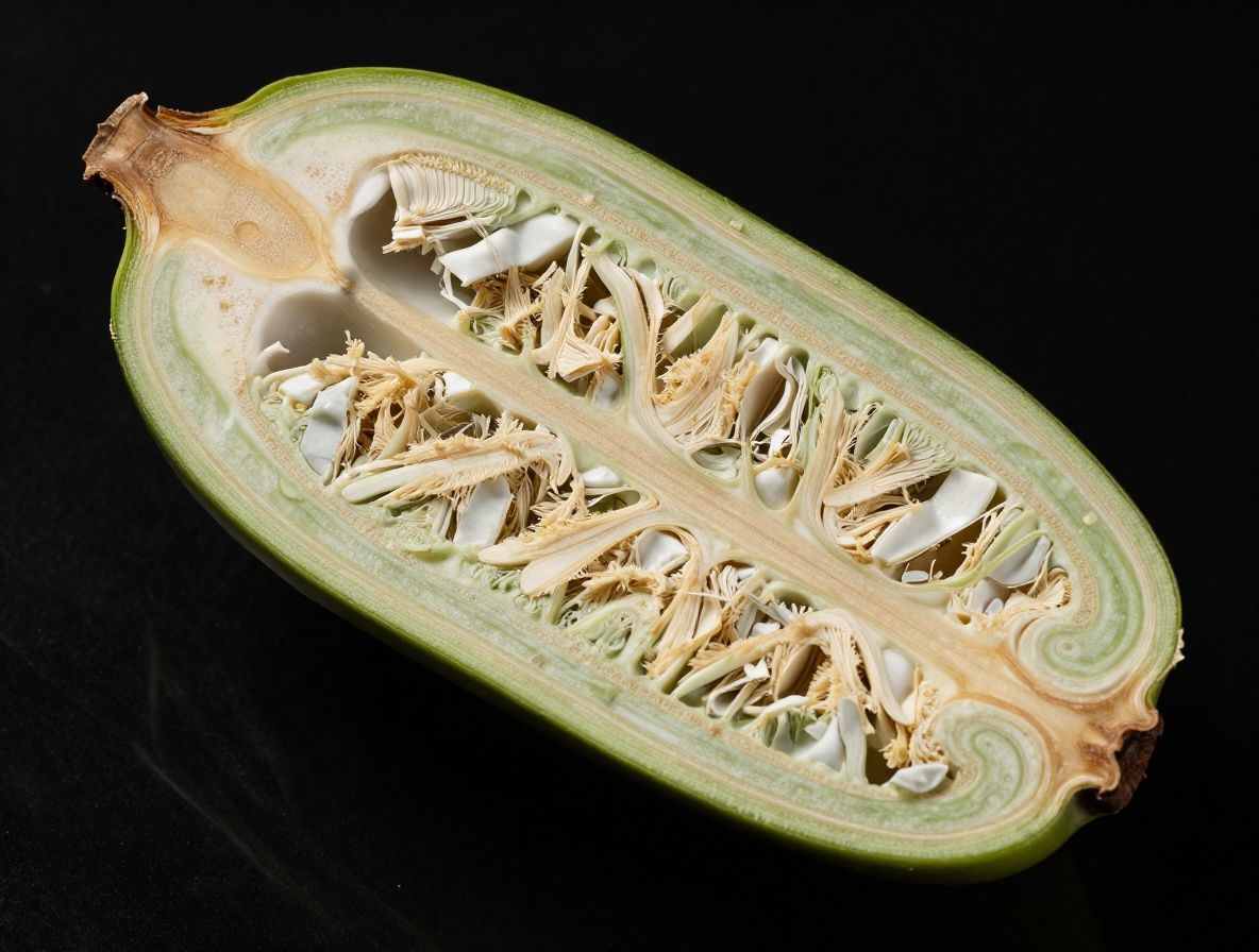 Fotografía macro de un intestino vegetal en corte transversal: interior de alcachofa revelando capas concéntricas de tejido vegetal fibroso en tonos verdes y crema, sobre superficie de pizarra negra con luz lateral dramática que resalta las texturas naturales