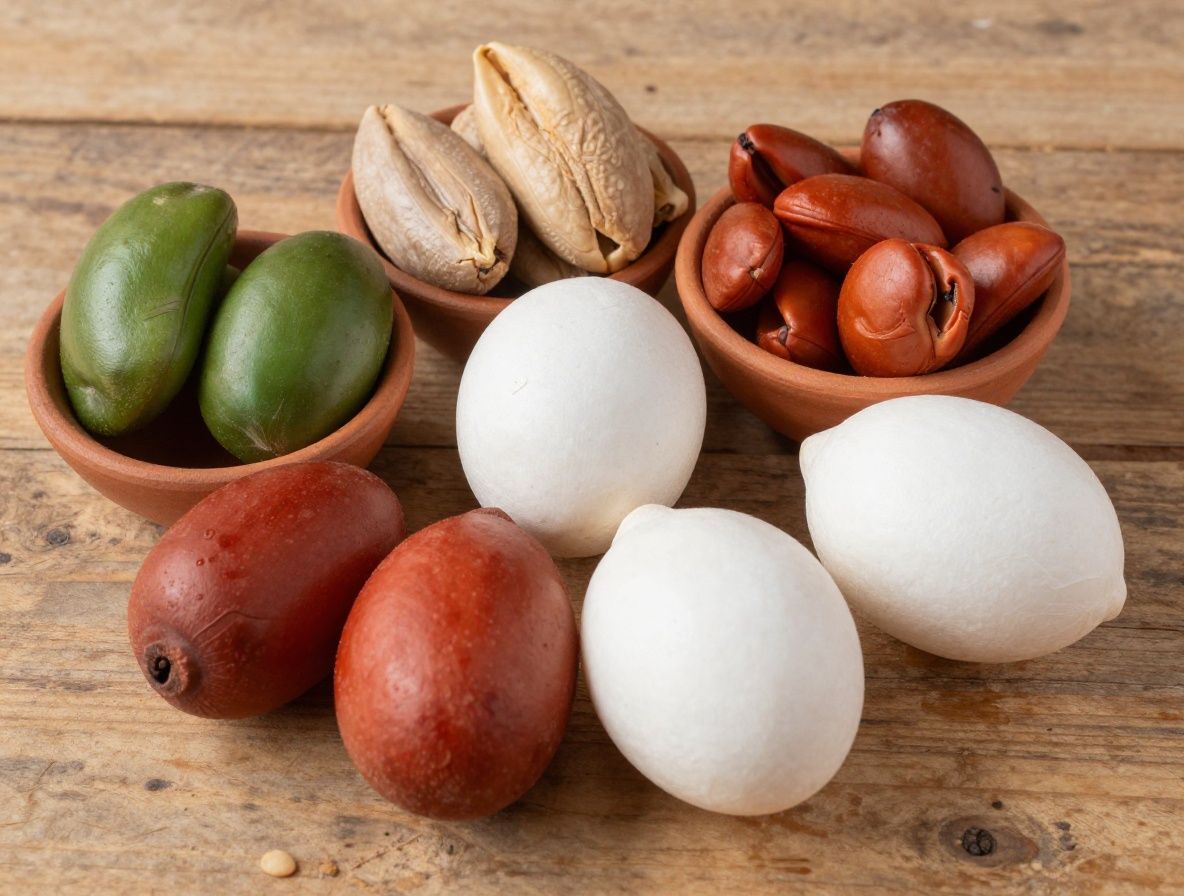 Variedad de legumbres secas crudas en cuencos de barro artesanal sobre superficie de madera envejecida: lentejas verdes y rojas, garbanzos beige, alubias blancas y negras y guisantes secos, con luz natural lateral cálida que resalta las texturas y colores naturales de los granos