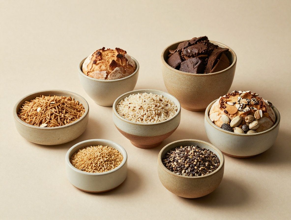 Composición sobre fondo beige con granos integrales, pan artesanal de semillas, arroz integral y cereales variados dispuestos en cuencos de cerámica con textura natural y luz cálida lateral