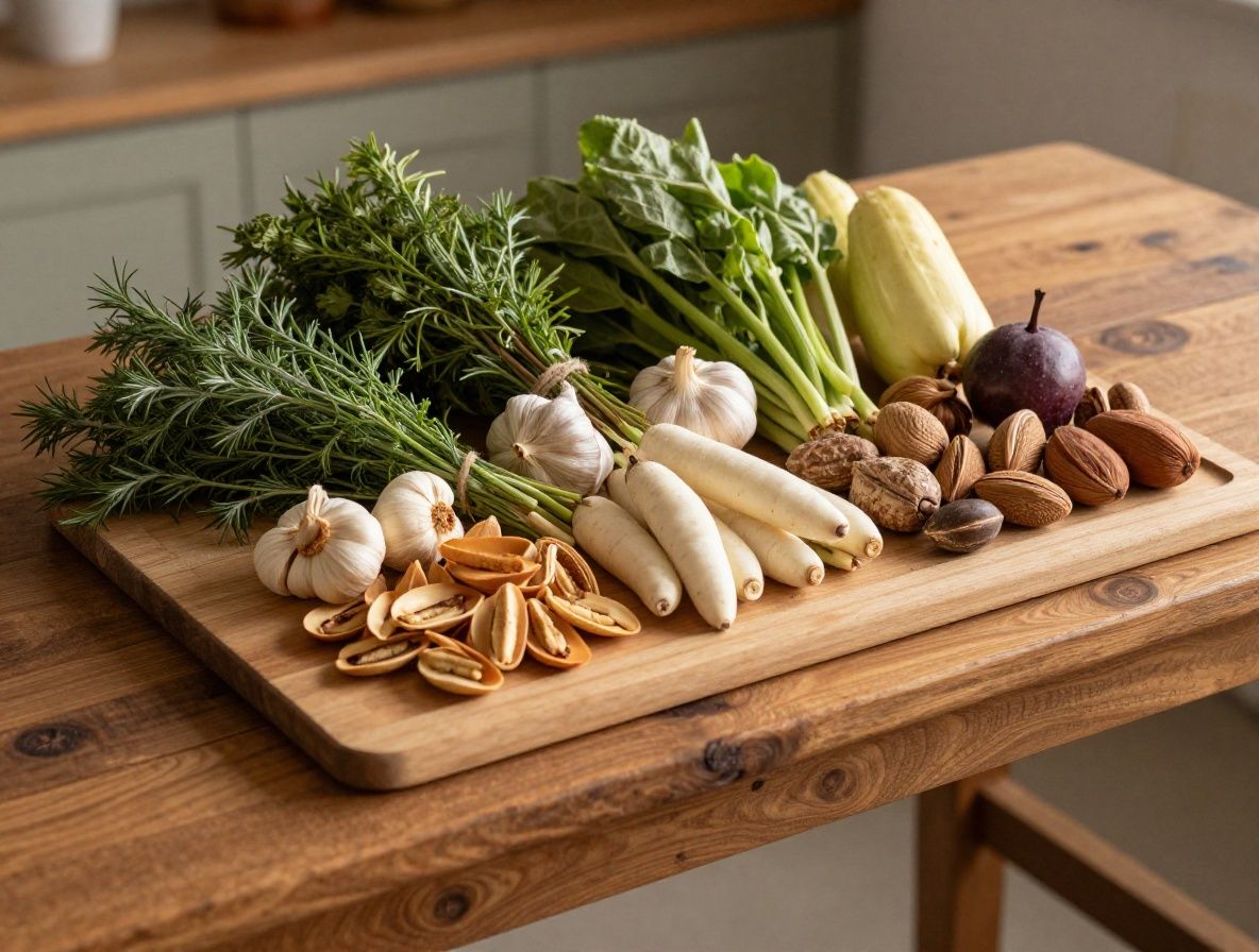 Mesa de madera rústica con una composición de verduras frescas de temporada, hierbas aromáticas y frutos secos dispuestos sobre un lienzo de lino natural con luz natural lateral cálida
